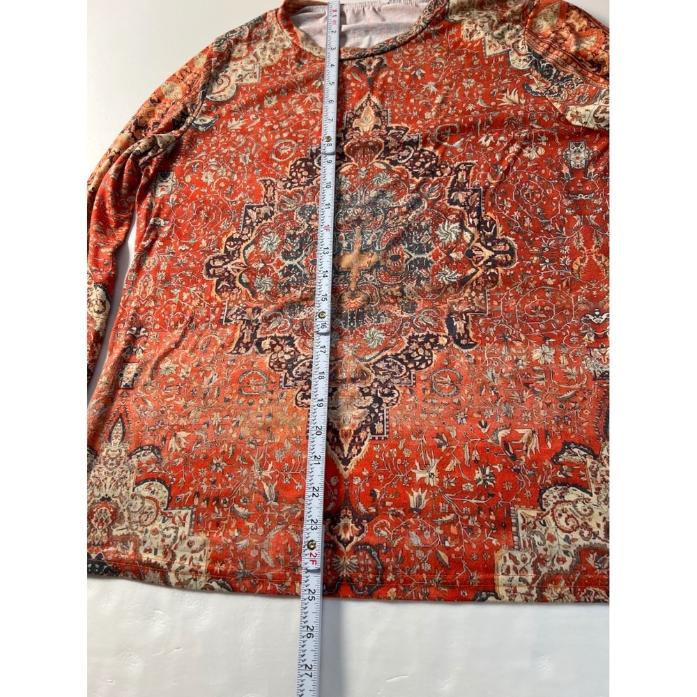 Women's Orange Medallion Print Long‎ Sleeve Crew Neck Top Size L - Picture 6 of 8